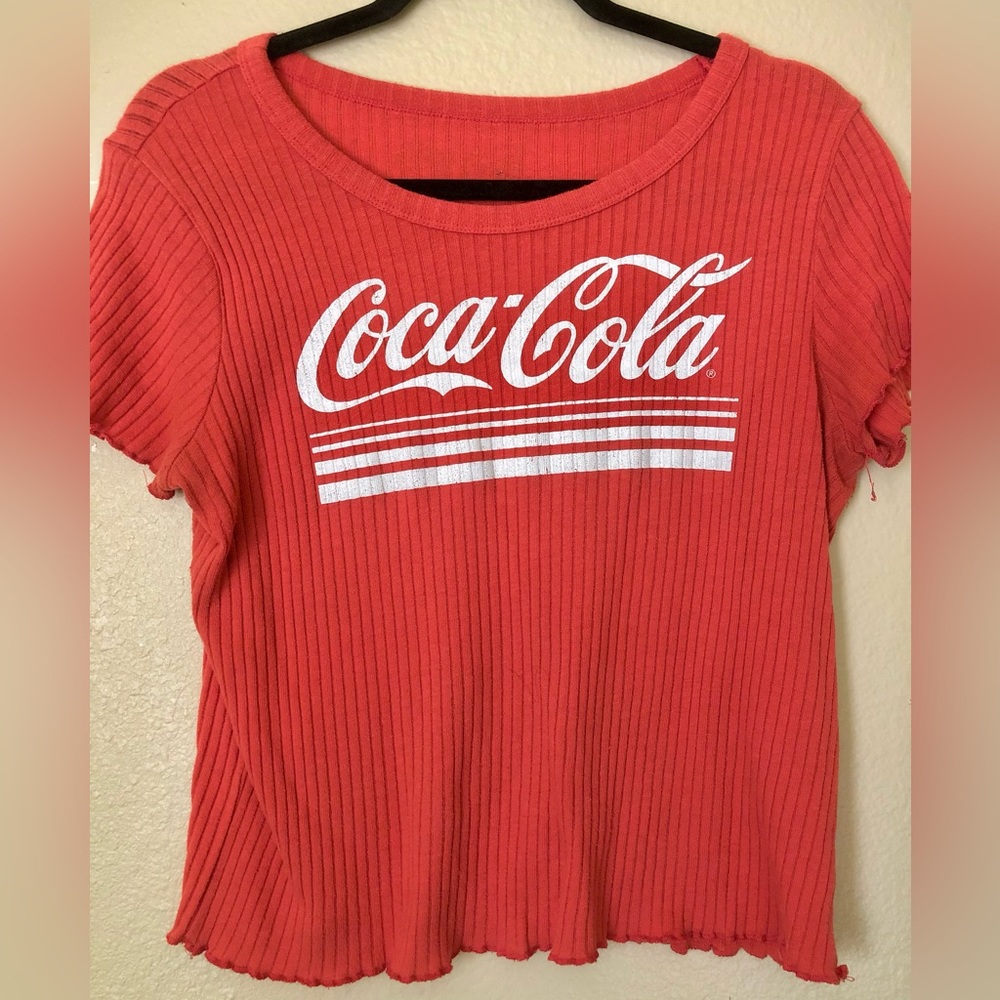 Coral/ pink color Coca-Cola shirt, white letters, ribbed, lettuce help